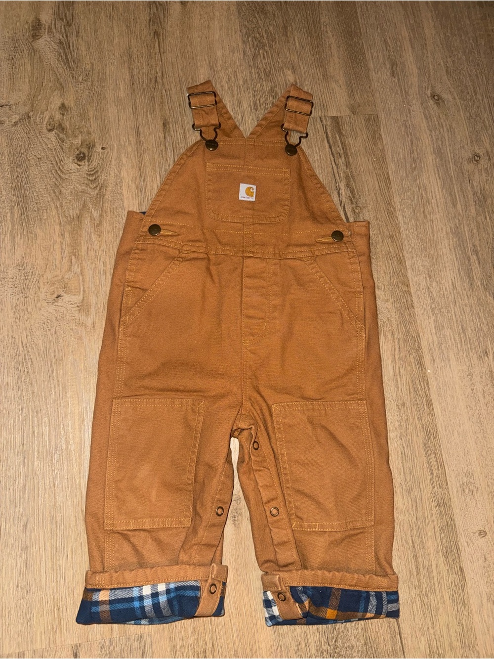 Carhartt Tan Brown Kids Canvas Overalls with Plaid Cuff